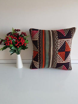 Vintage Kilim Pillow Cover|Turkish Kilim Pillow Cover|Eclectic Anatolian Throw Pillow Cover|Boho Bedding Decor|Handwoven Ottoman Rug 16x16