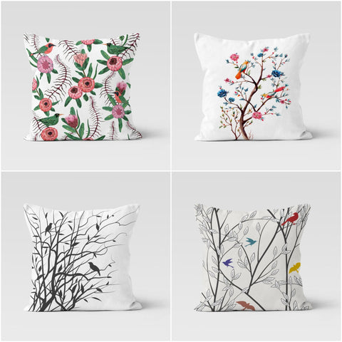 Floral Bird Pillow Case|Birds, Flowers and Tree Branches Pillow Cover|Decorative Colorful Bird Cushion Case|Housewarming Porch Cushion Cover