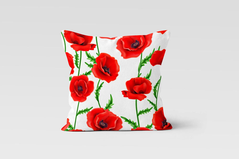 Poppy Pillow Cover|Red Yellow Turquoise Poppy Cushion Case|Floral Throw Pillow Top|Boho Bedding Home Decor|Rustic Farmhouse Style Pillow Top