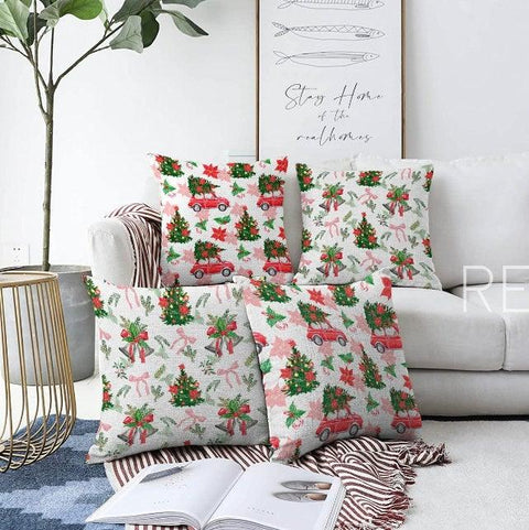 Set of 4 Christmas Pillow Covers|Red Car and Xmas Tree Pillow Case|Winter Trend Xmas Bell Cushion Cover|Red Poinsettia and Ornaments Pillow