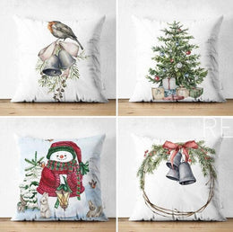 Set of 4 Christmas Pillow Covers|Snowman and Rabbits Pillow|Winter Trend Cushion Case|Xmas Bell and Bird Throw Pillow|Christmas Tree Cushion
