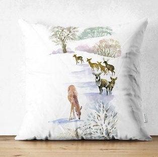Set of 4 Winter Trend Pillow Covers|Xmas Deer and Pine Tree Home Decor|Houses and Snow Pillow Top|Christmas Pillow Cover|Xmas Throw Pillow
