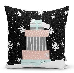 Set of 4 Christmas Pillow Covers|Xmas Gift Boxes Home Decor|White Snowflake on Black and Gray Background Pillow|Winter Trend Throw Pillow