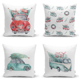 Set of 4 Christmas Pillow Covers|Red Gree White Xmas Pillow Case|Van with Decorated Xmas Tree Cushion Case|Car with Xmas Tree Cushion Cover