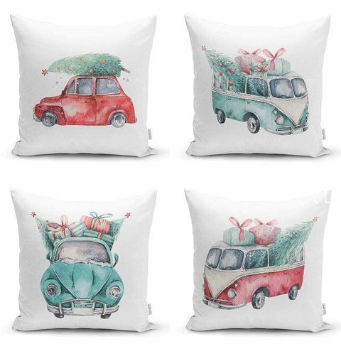 Set of 4 Christmas Pillow Covers|Red Turquoise White Pillow Case|Van with Decorated Xmas Tree Cushion Case|Car with Xmas Tree Cushion Cover