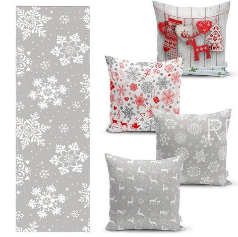 Set of 4 Christmas Pillow Covers and 1 Table Runner|Snowflake, Xmas Deer and Xmas Gift Boxes Decor|Gray White Red Runner and Pillow Case Set