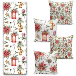 Set of 4 Christmas Pillow Covers and 1 Table Runner|Red Poinsettia, Cardinal Bird Home Decor|Lantern, Bell, Pine Cone Pillow and Runner Set