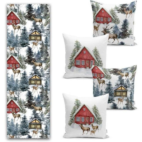Set of 4 Winter Pillow Covers and 1 Table Runner|Pine Tree and Deer Print Home Decor|Snow and Red House Print Runner and Cushion Cover Set