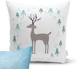 Set of 4 Christmas Pillow Covers and 1 Table Runner|Gray Xmas Deer and Leaves Home Decor|Pine Trees, Snow and Xmas Stockings Cushion Cover