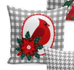 Set of 4 Christmas Pillow Covers and 1 Table Runner|Red Poinsettia Flower and Cardinal Bird Home Decor|Winter Trend Pillow Case and Runner