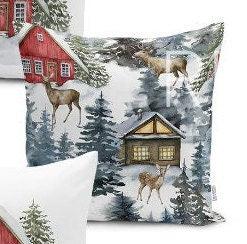 Set of 4 Winter Pillow Covers and 1 Table Runner|Pine Tree and Deer Print Home Decor|Snow and Red House Print Runner and Cushion Cover Set