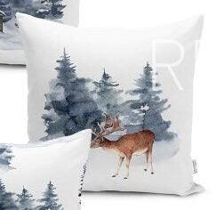 Set of 4 Winter Pillow Covers and 1 Table Runner|Pine Tree and Deer Print Home Decor|House Under Snow Print Runner and Cushion Cover Set