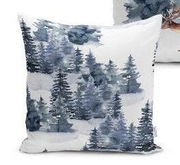 Set of 4 Winter Pillow Covers and 1 Table Runner|Pine Tree and Deer Print Home Decor|House Under Snow Print Runner and Cushion Cover Set