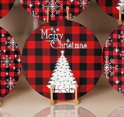 Christmas Placemat|Set of 6 Xmas Supla Table Mat|Buffalo Plaid Xmas Tree Round Dining Underplate|Merry Xmas and Snowflake Print Coaster Set