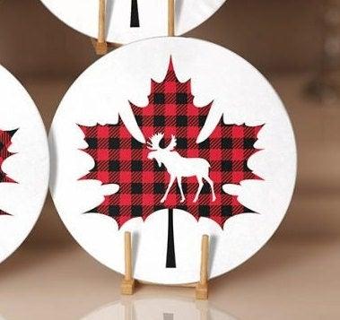 Christmas Placemat|Set of 6 Xmas Supla Table Mat|Red Black Checkered Leaf with Deer Round Dining Underplate|Buffalo Check Leaf, Deer Coaster