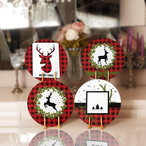 Christmas Placemat|Set of 4 Xmas Supla Table Mat|Buffalo Plaid Xmas Deer Round Dining Underplate|Merry Xmas and Green Leaves Coaster Set