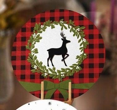 Christmas Placemat|Set of 4 Xmas Supla Table Mat|Buffalo Plaid Xmas Deer Round Dining Underplate|Merry Xmas and Green Leaves Coaster Set
