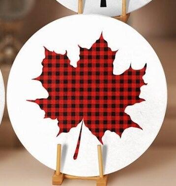 Christmas Placemat|Set of 4 Xmas Supla Table Mat|Red Black Checkered Leaf with Deer Round Dining Underplate|Buffalo Check Leaf, Deer Coaster