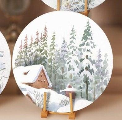 Winter Trend Placemat|Set of 4 Xmas Supla Table Mat|Snow, Deer and Pine Tree Print Round Dining Underplate|Snow House Winter Coaster Set