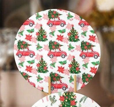 Christmas Placemat|Set of 4 Xmas Supla Table Mat|Decorated Xmas Tree Carrying Red Car Round Dining Underplate|Floral Xmas Bell Print Coaster