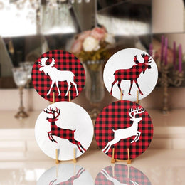 Christmas Placemat|Set of 4 Xmas Supla Table Mat|Buffalo Plaid Xmas Deer Round Dining Underplate|Red Black White Winter Trend Coaster Set