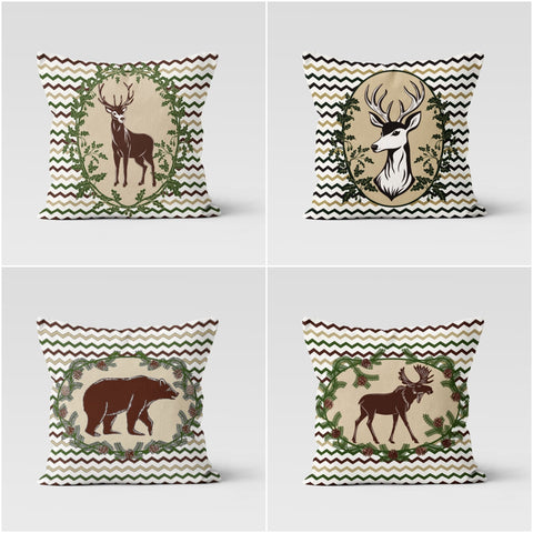 Christmas Pillow Cover|Xmas Deer Cushion Case|Winter Pillow Case|Xmas Home Decor|Deer and Bear on Zig Zag Pattern Pillow Sham|Xmas Gift Case
