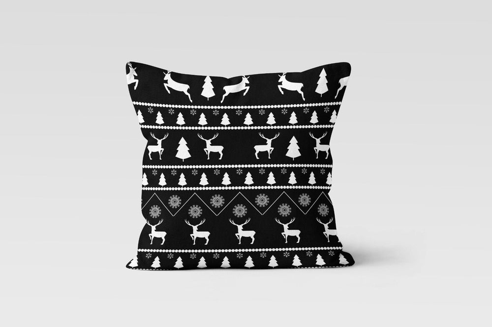 Christmas Pillow Cover|Black White Deer Cushion Case|Black and White Xmas Decor|Decorative Winter Pillow Top|Xmas Tree Throw Pillow Cover