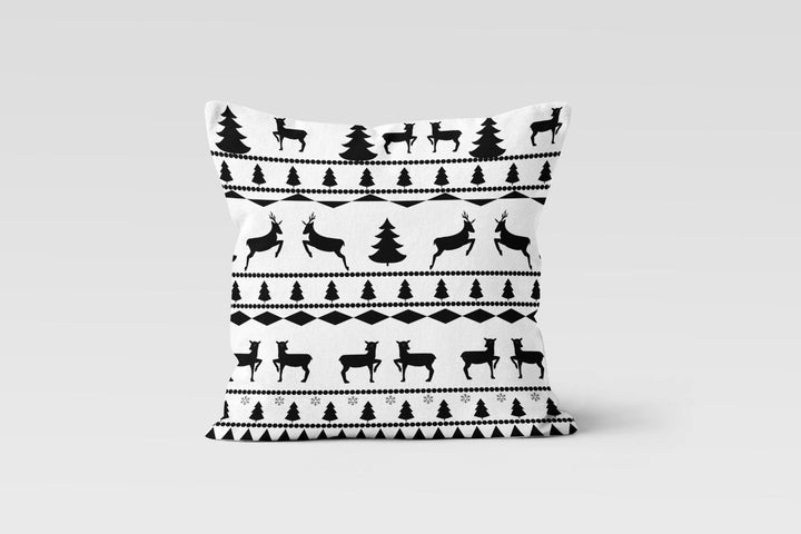 Christmas Pillow Cover|Black White Deer Cushion Case|Black and White Xmas Decor|Decorative Winter Pillow Top|Xmas Tree Throw Pillow Cover