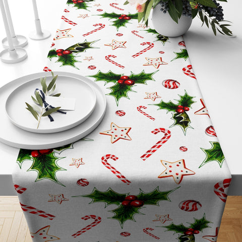 Christmas Table Runners|Winter Trend Table Runner|Green Leaves and Red Berries Home Decor|Candy Stick Print Xmas Table Runner|Farmhouse Gift