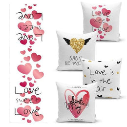 Set of 4 Valentine's Day Pillow Covers and 1 Table Runner|Baby Be Mine and Love Sweet Love Print Home Decor|Heart Tablecloth and Pillow