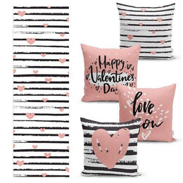 Set of 4 Valentine's Day Pillow Covers and 1 Table Runner|Happy Valentine's Day Throw Pillow|Striped Love You Tablecloth Cushion Cover Set