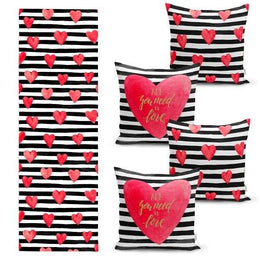Set of 4 Valentine's Day Pillow Covers and 1 Table Runner|All You Need is Love Throw Pillow|Striped Romantic Tablecloth and Cushion Cover