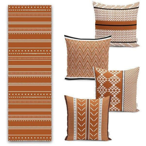 Set of 4 Scandinavian Pillow Covers and 1 Table Runner|Aztec Print Home Decor|Decorative Ethnic Tablecloth|Brick Color Cushion and Runner