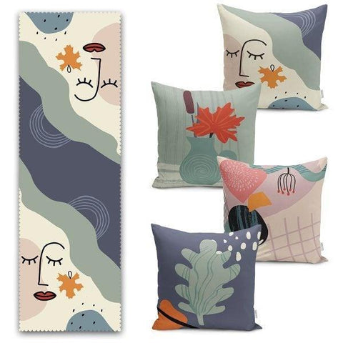 Set of 4 Abstract Pillow Covers and 1 Table Runner|Abstract Home Decor|Woman Face and Leaves Tablecloth|Onedraw Cushion Case and Runner Set