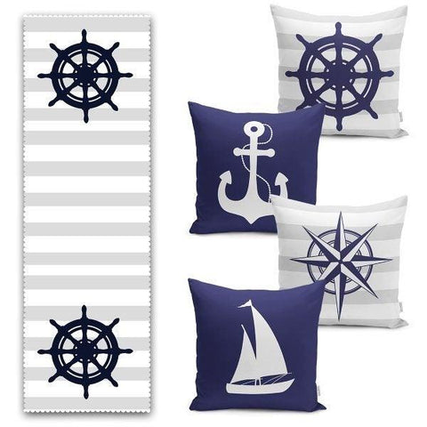 Set of 4 Nautical Pillow Covers and 1 Table Runner|Wheel Print Runner|Navy Anchor, Sailboat, Compass Cushion and Runner|Marine Throw Pillow