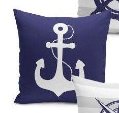 Set of 4 Nautical Pillow Covers and 1 Table Runner|Wheel Print Runner|Navy Anchor, Sailboat, Compass Cushion and Runner|Marine Throw Pillow