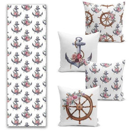Set of 4 Nautical Pillow Covers and 1 Table Runner|Floral Wheel and Navy Anchor Print Cushion Case and Table Runner|Marine Throw Pillow Top