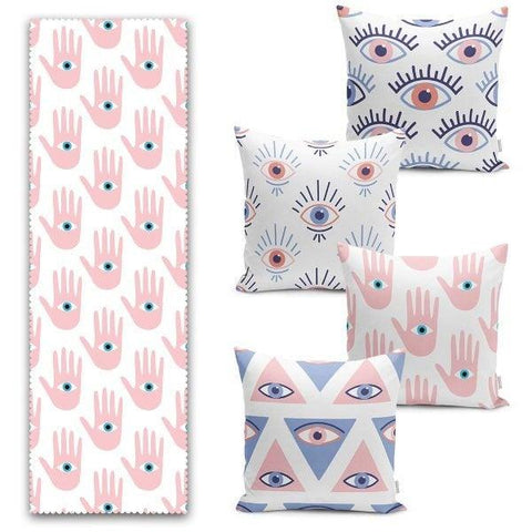 Set of 4 Hand of Fatima Pillow Covers and 1 Table Runner|Decorative One Eye and Hamsa Print Tablecloth|Geometric Cushion Case and Runner Set