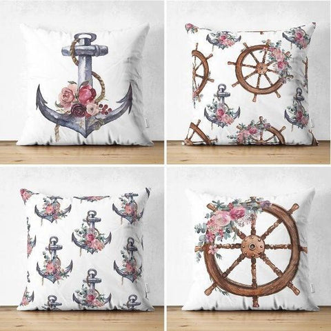 Set of 4 Nautical Pillow Covers|Floral Navy Anchor Decor|Decorative Wheel Print Pillow Top|Coastal Throw Pillow|Outdoor Beach House Decor