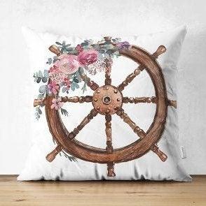 Set of 4 Nautical Pillow Covers|Floral Navy Anchor Decor|Decorative Wheel Print Pillow Top|Coastal Throw Pillow|Outdoor Beach House Decor