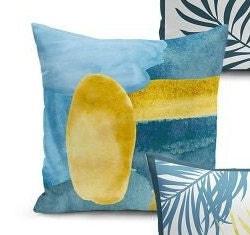 Set of 4 Abstract Pillow Covers and 1 Table Runner|Blue Yellow Home Decor|Decorative Leaf Drawing Tablecloth|Onedraw Cushion and Runner Set