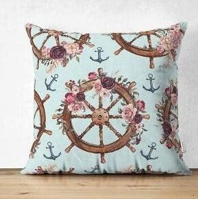 Set of 4 Nautical Pillow Covers|Navy Anchor and Flower Decor|Decorative Wheel Print Pillow|Coastal Throw Pillow|Outdoor Beach House Decor