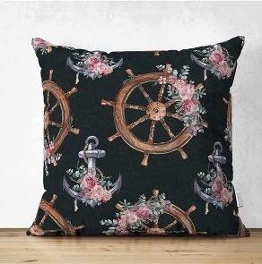 Set of 4 Nautical Pillow Covers|Decorative Navy Anchor Decor|Floral Wheel Print Pillow Top|Outdoor Beach House Decor|Coastal Throw Pillow