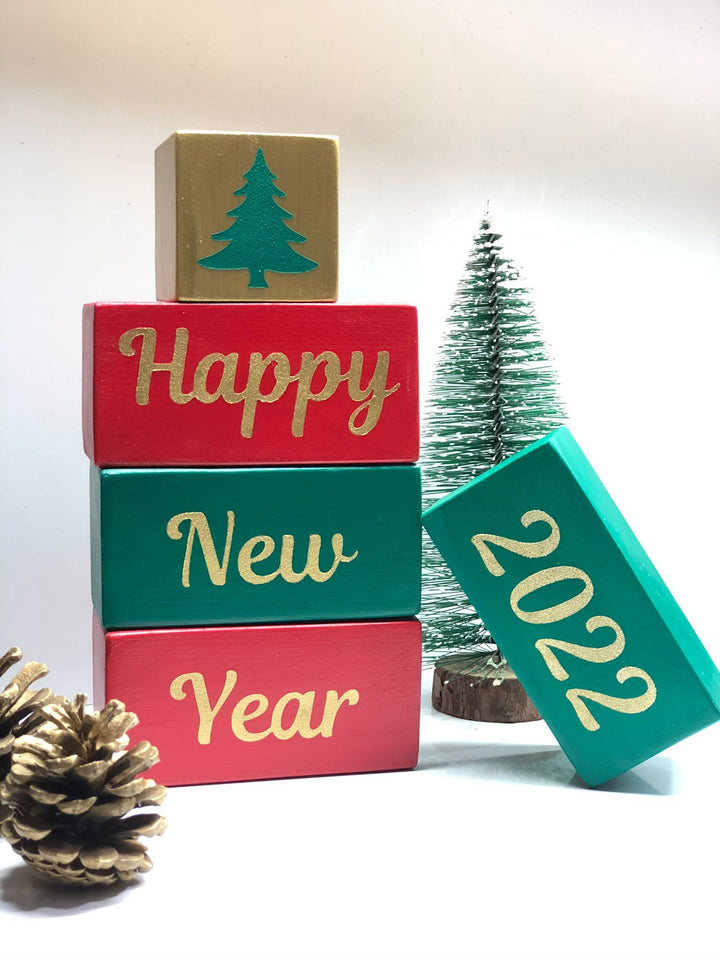 Set of 5 Custom Wooden Christmas Blocks|Hand Painted Happy New Year Blocks|Merry Christmas Sign|New Year's Eve Decor Gift|Xmas Shelf Sitter
