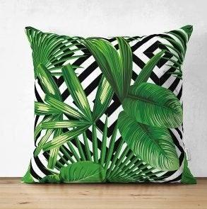 Set of 4 Tropical Plants Pillow Covers|Floral Pillow Cover|Green Leaves Pillow Case|Flamingo Print Outdoor Cushion Cover|Throw Pillow Case