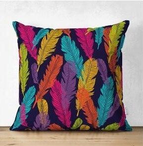Set of 4 Colorful Floral Pillow Covers|Decorative Pillow Case|Neon Color Leaves and Feathers Pillow|Outdoor Cushion Cover|Throw Pillow Case