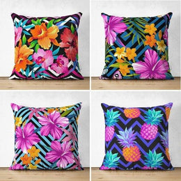 Set of 4 Colorful Floral Pillow Covers|Pineapple Pillow Cover|Colorful Flowers on Geometric Pattern|Outdoor Cushion Cover|Throw Pillow Case