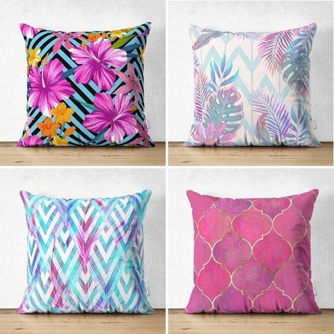 Set of 4 Colorful Floral Pillow Covers|Decorative Pillow Case|Neon Color Leaves and Flowers Pillow|Outdoor Cushion Cover|Throw Pillow Case