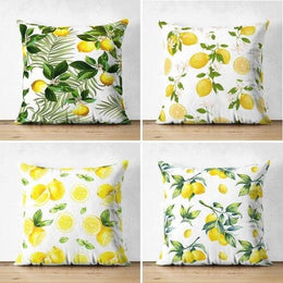 Set of 4 Floral Lemon Pillow Covers|Decorative Fresh Citrus Pillow Case|Yellow Lemon on Geometric Pattern Pillow Cover|Throw Pillow Case