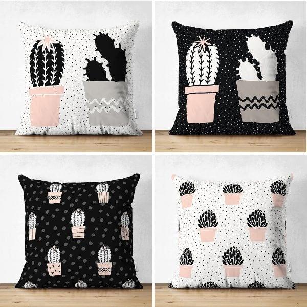 succulent pillow set Pillow Case Set with Black White Cactus in Flowerpot Drawing – Akasia